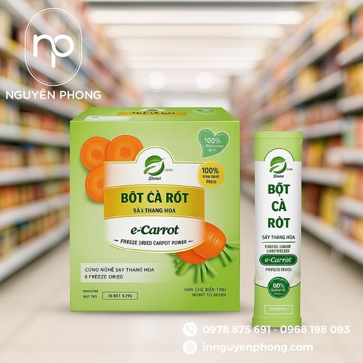 Mẫu hộp giấy đựng bột cà rốt in logo 